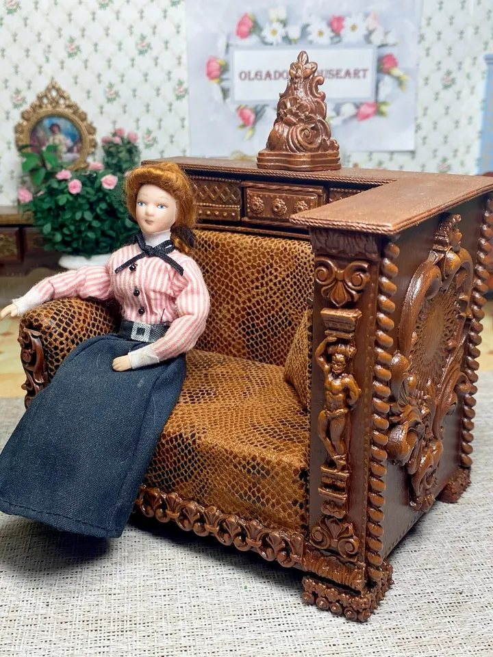 Sofa for filling the interior of a doll house on a scale of 1:12. Vintage handmade sofa. Replica of an antique sofa.