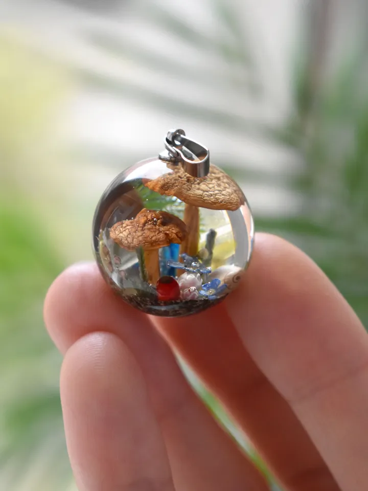 Mushroom necklace. Real Mushrooms pendant. Necklace with a forest composition. Moss, forget-me-not and snail in resin.
