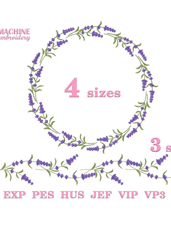 Lavender embroidery design Machine embroidery Lavender wreath 4 sizes and border embroidery 3 sizes, Flower embroidery files download #R51