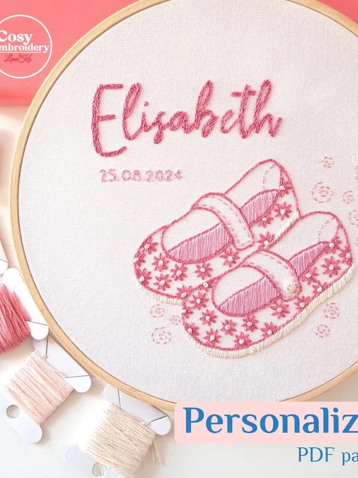 Personalized Baby Name Embroidery Pattern PDF Custom Pink Floral Girl Shoes Design Nursery Wall art DIY Birth Announcement Handmade Hoop Art
