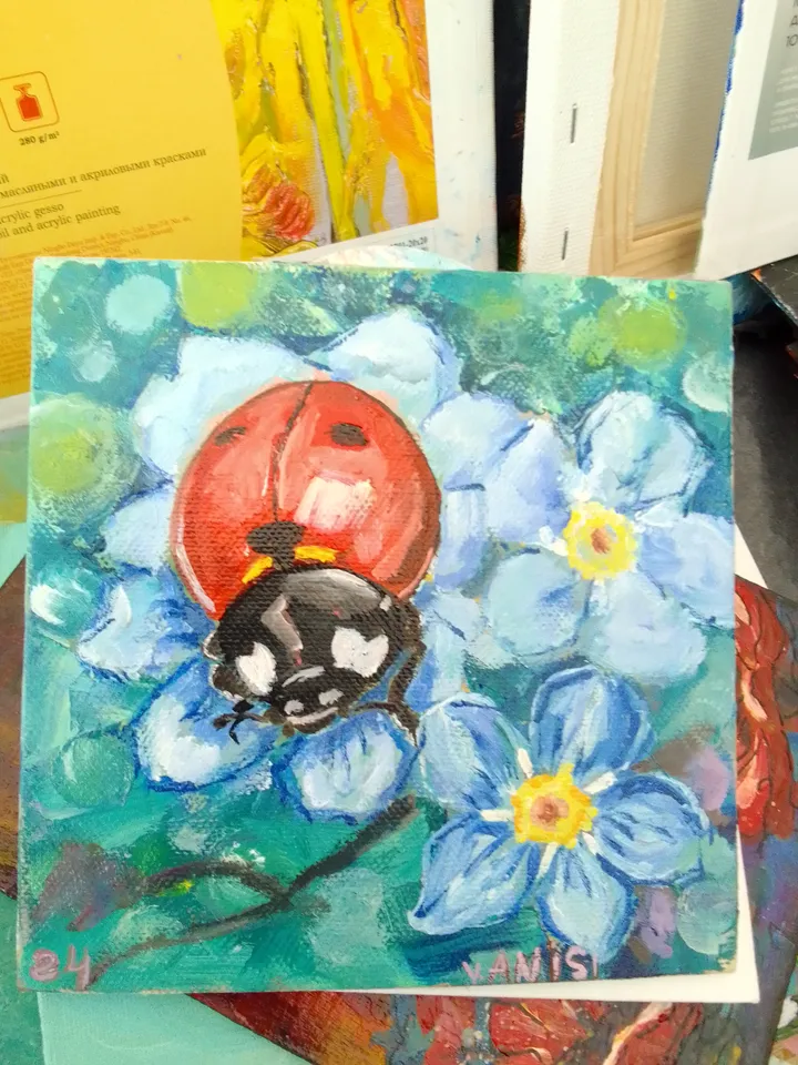 Ladybug Painting Original Art Animal Flower Painting Floral Small Art Insect