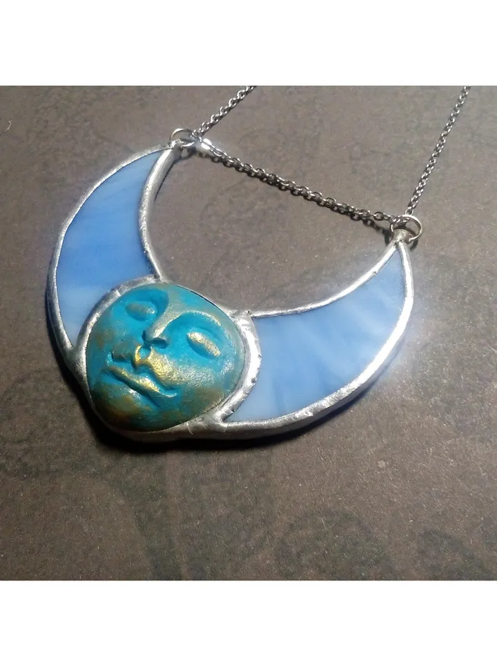 Stained glass blue moon, Moon Goddess, Moon phase necklace, Stainglass crescent, Full moon pendant, Moon face necklace