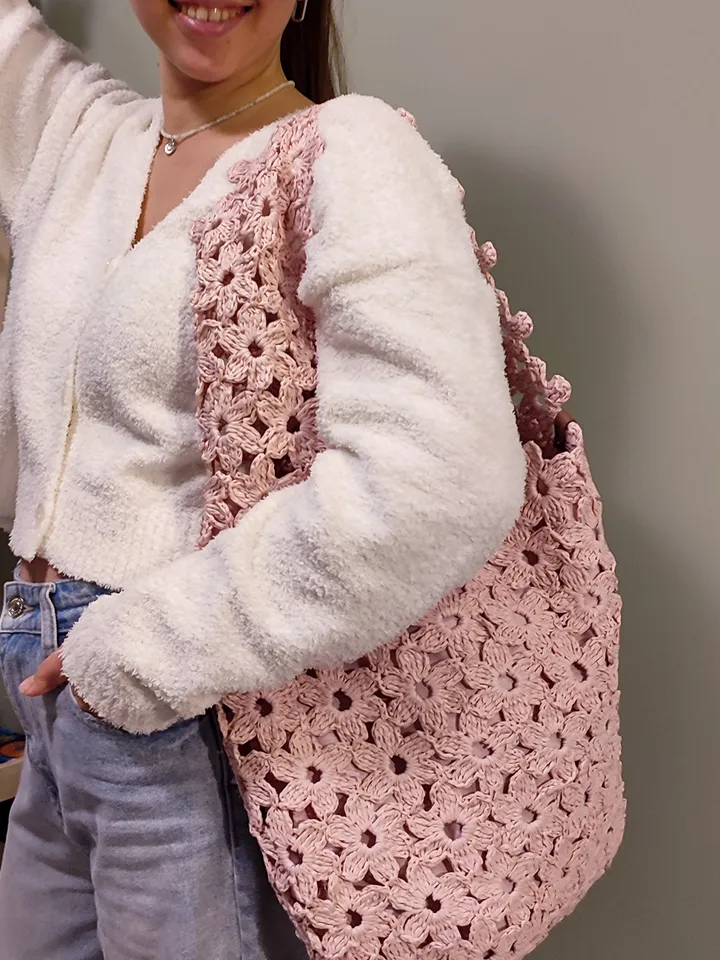 Pink Raffia Crochet Bag - Large Boho Purse for Women