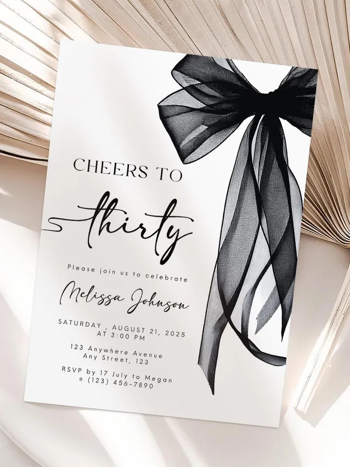 Coquette Black Bow 30th Invitation, Editable Thirtieth Birthday Party Invite, DIY Digital Black Ribbon, Cheers to Thirty Invite