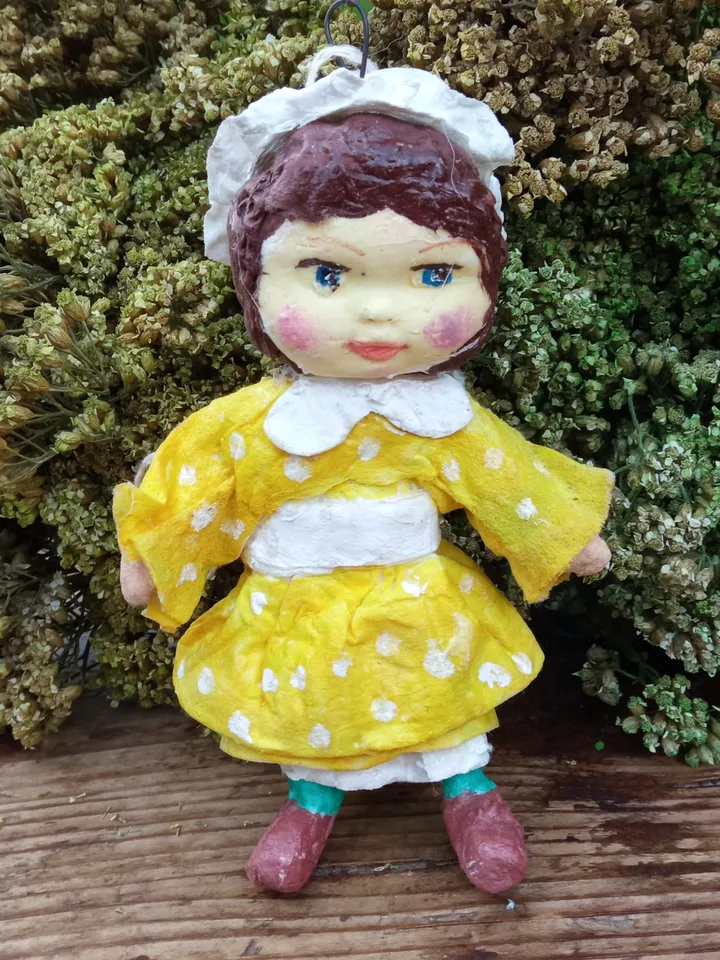 New Year's tree toy. Christmas tree decoration. Christmas presents. Holiday gifts. Small handmade doll in a yellow dress. Made in 1 copy. Free shipping