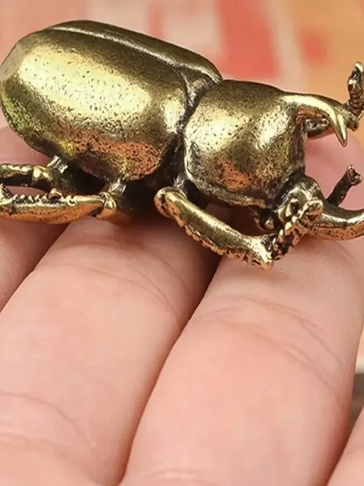 Antique bronze beetle, desk decorations vintage copper insect, copper miniature figures.