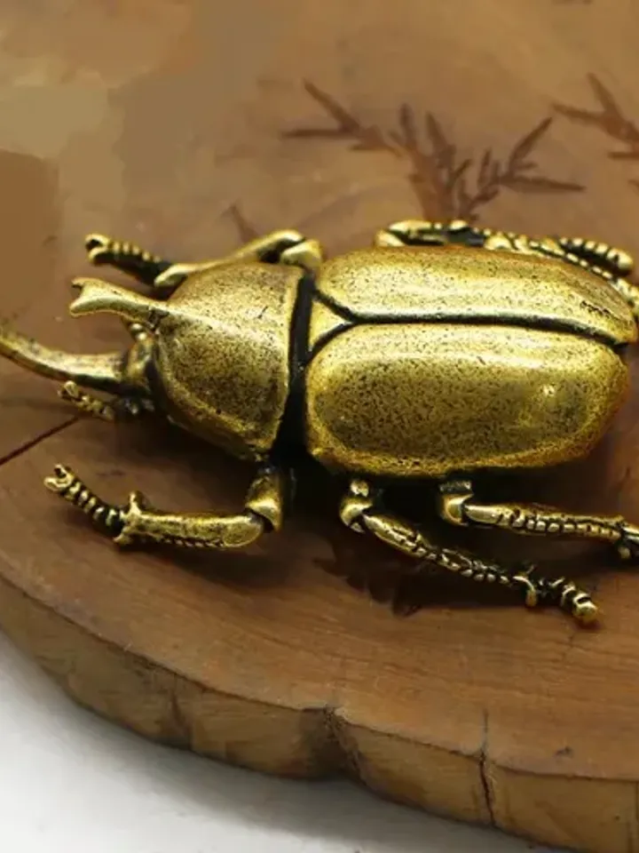 Antique bronze beetle, desk decorations vintage copper insect, copper miniature figures.