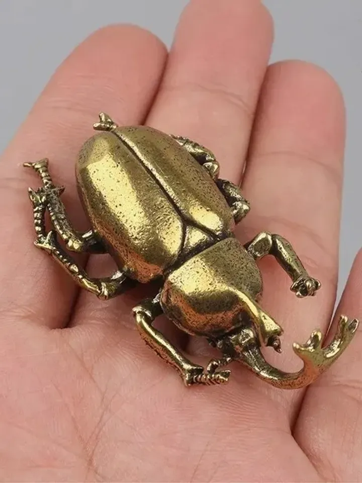 Antique bronze beetle, desk decorations vintage copper insect, copper miniature figures.