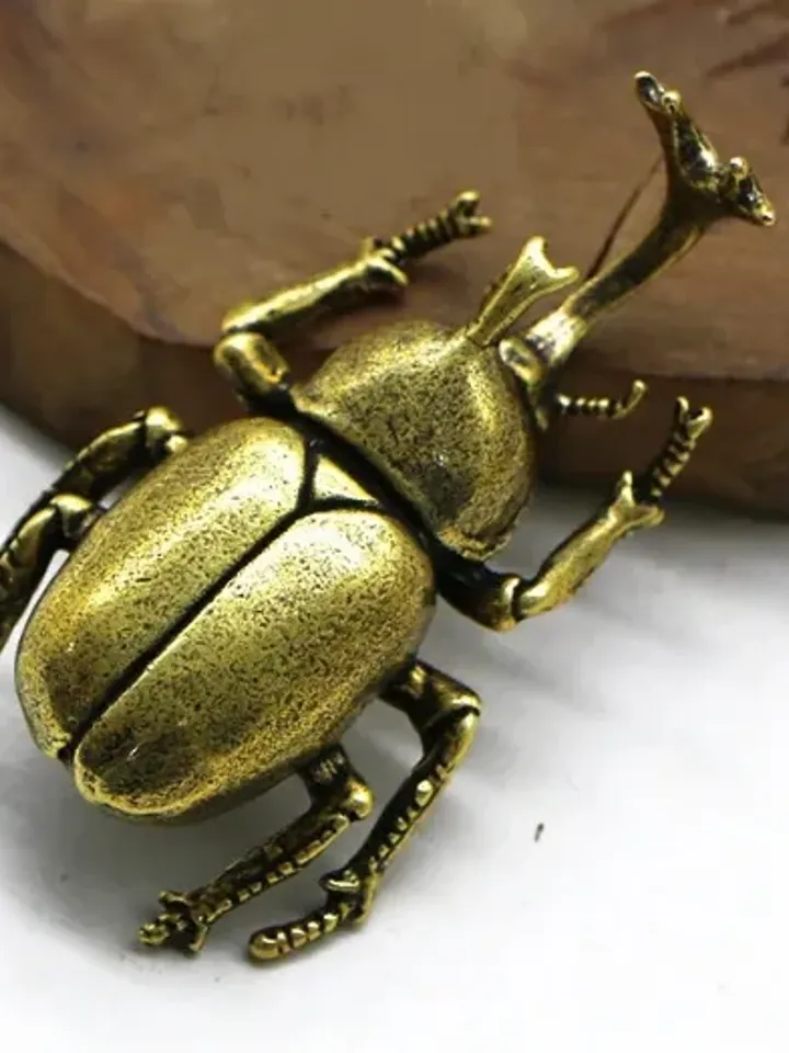 Antique bronze beetle, desk decorations vintage copper insect, copper miniature figures.