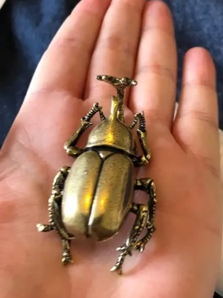 Antique bronze beetle, desk decorations vintage copper insect, copper miniature figures.