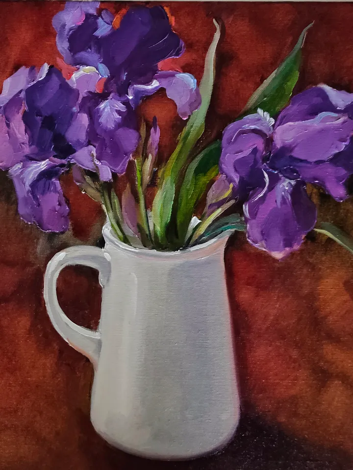 Oil Painting Bouquet of Flowers Irises Original Painting on Canvas Wall Art Impasto Painting Purple Flowers 16 x 16 inches Artist Natalia