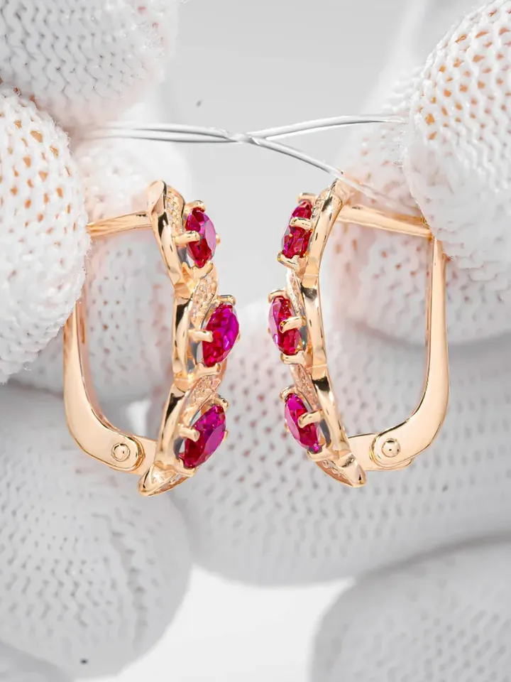 Earrings jewelry Silver gold plated 925 assay value with corundum ruby and cubic zirconia