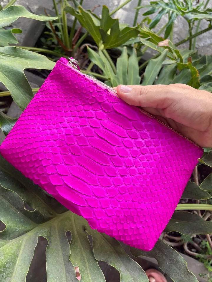 Genuine python skin hot pink cosmetic bag/ Purse Insert Organizer/ Bag Insert For Tote Bag/ exotic leather wallet / small snake skin clutch
