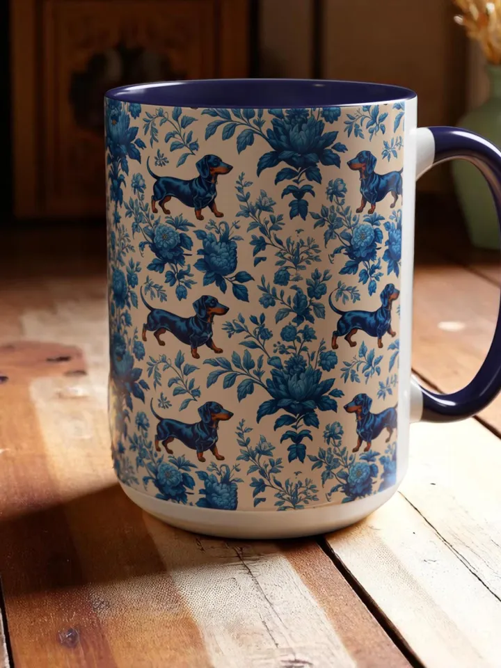 Dachshund French Toile de Jouy Ceramic Mug, Toile Coffee Cup for Doxie Mom, Sausage Dog Lover Gifts, Dog Tea Drinkware, Gift For Dog Lovers