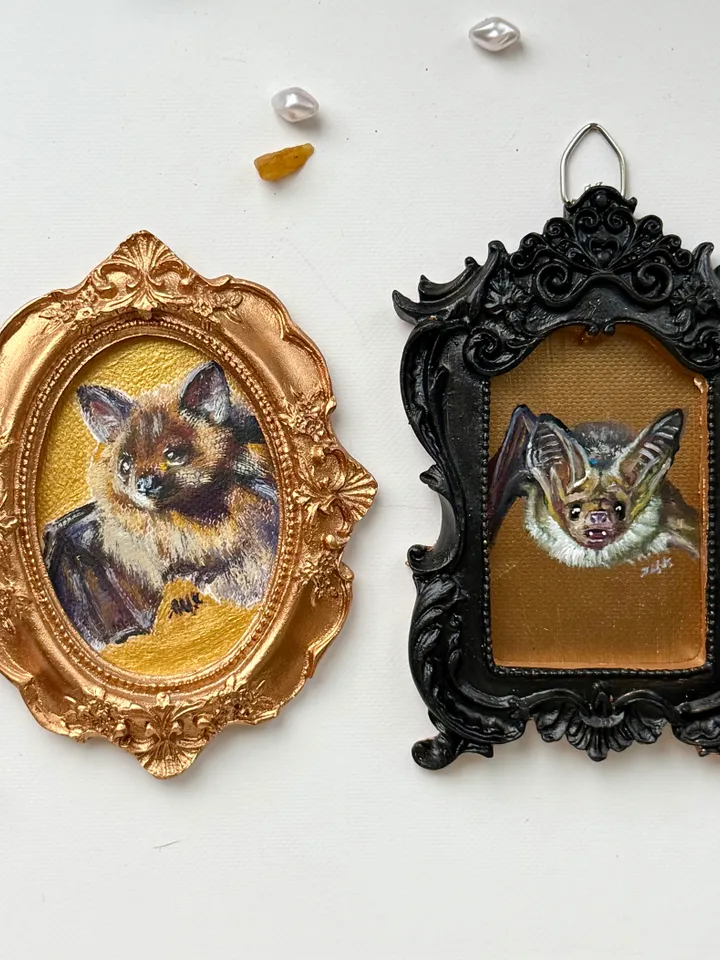 Set of 2 Bat Portraits Oil Painting Small Original Framed Art Goth Bat Gifts, Mini Gold Framed Decor, Bat Lovers Art, Dark Cottagecore Art, Whimsigoth Decor