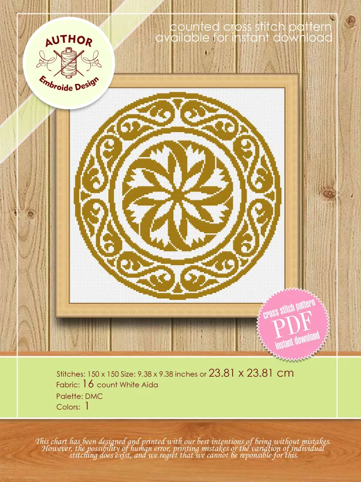 Mandala ornament cross stitch pattern download PDF, Monochrome cross stitch chart, Mandala pattern digital PDF, Modern beginner stitch #M127