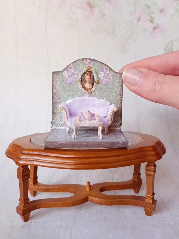Miniature Tea Room Roombox, A 1/48 scale miniature Dollhouse with furniture, accessories and tea set