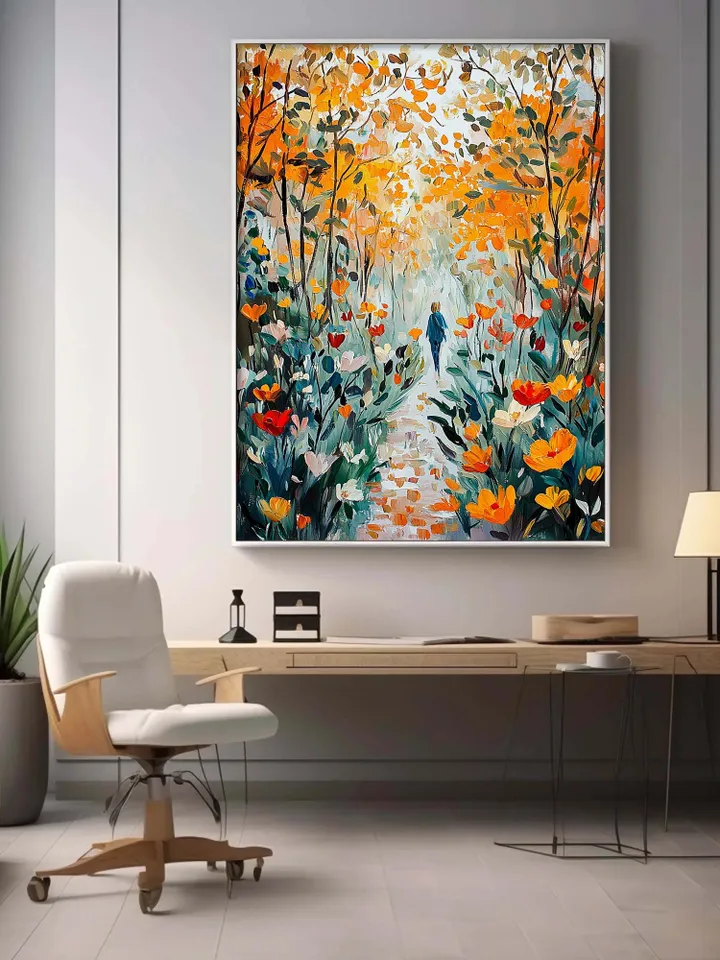 Impasto Autumn Forest Path Oil Painting on Canvas, Woman Walking in Woods, Textured 3D Landscape Art, Nature Wall Art Decor,Fall Foliage Art