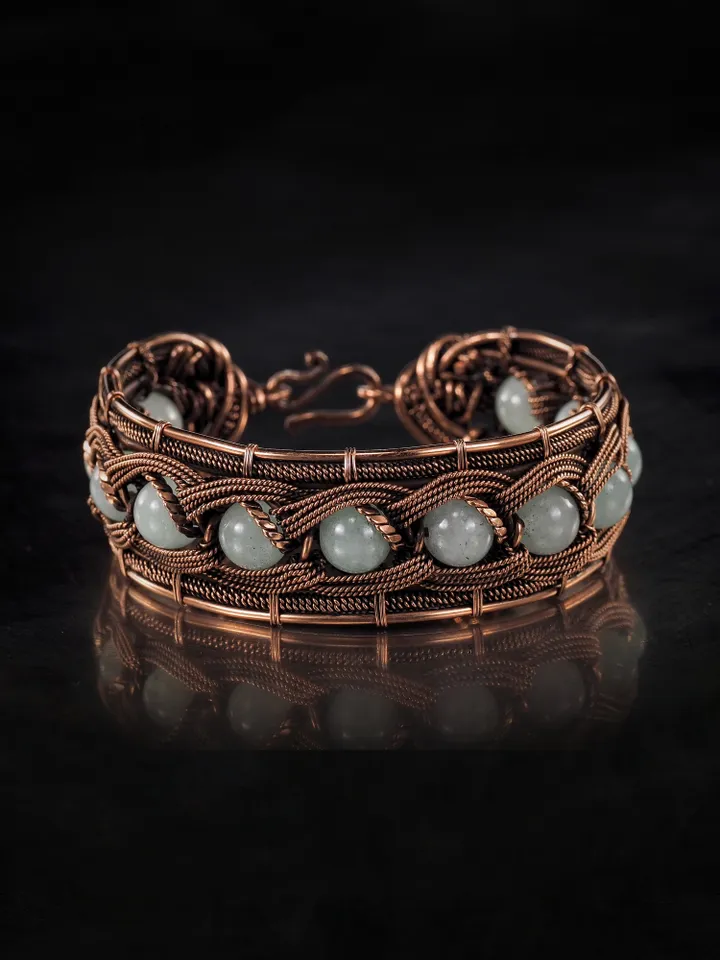 Copper wire wrapped chalcedony bracelet Unique woven copper wire bangle