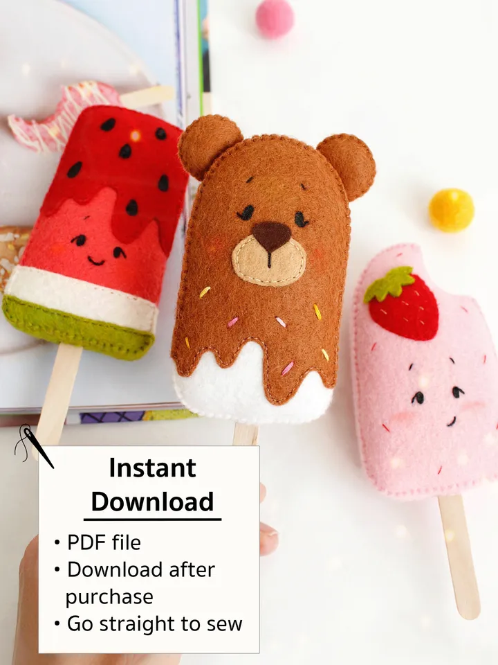 Felt ice cream popsicles hand sewing PDF tutorial with patterns. Pretend play food pattern. Montessori soft kitchen toys