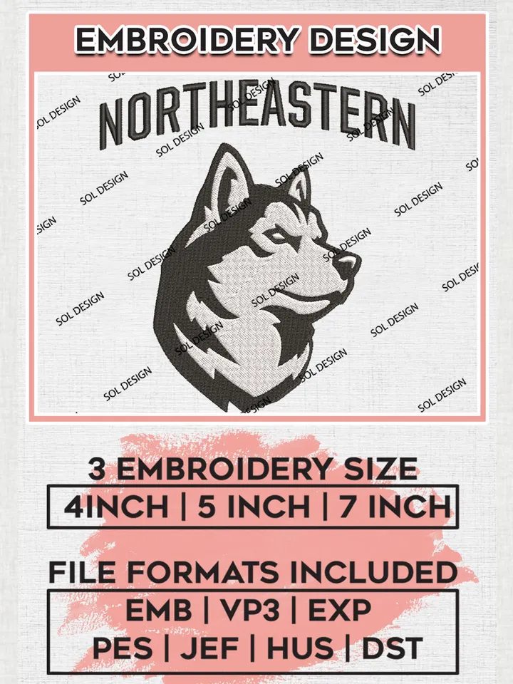 NCAA Northeastern Huskies Football Team Mascot Logo Embroidery Design Files, NCAA Northeastern Huskies Machine Embroidery, NCAA Teams, Game Day, 3 sizes, NCAA Machine embroidery designs, Digital Download