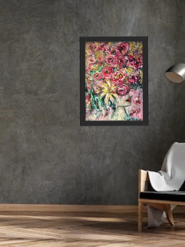 Pink wisdom-fantasy woman in flowers,womanoriginal oil painting,impasto painting,unique canvas art,original artwork,fantasy woman in roses.