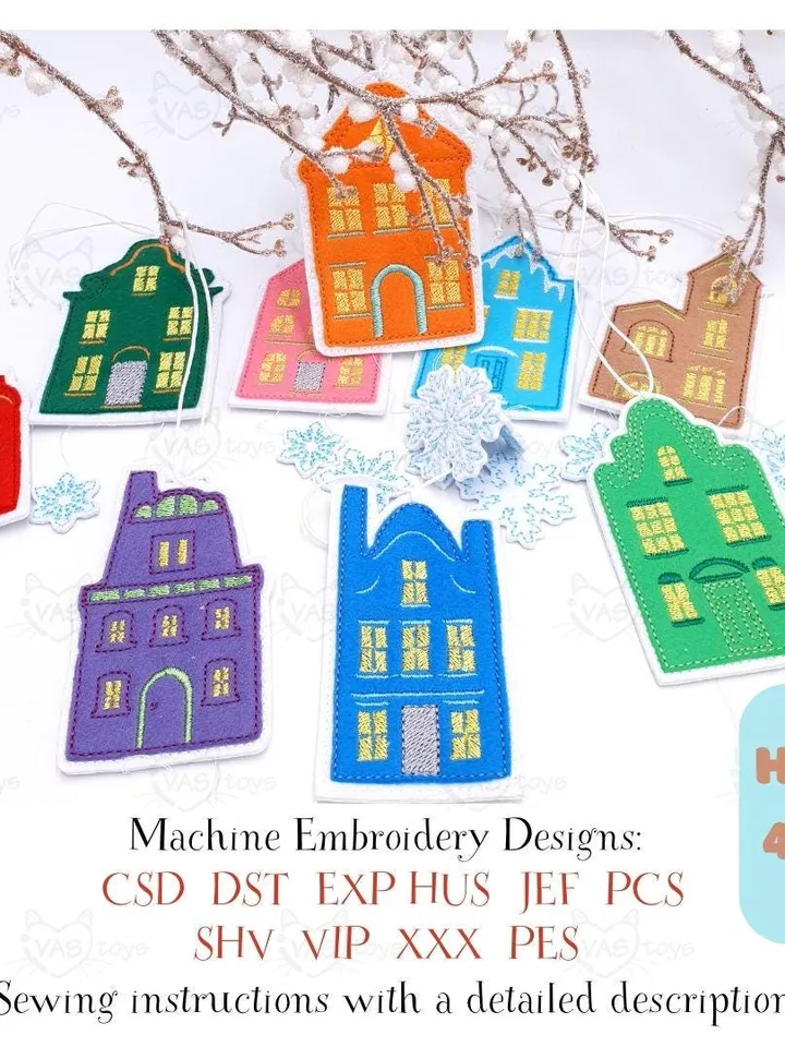 ITH Christmas Houses Ornaments Embroidery Design Set, Felt Village Tree Decorations Pattern, 4x4 Hoop File