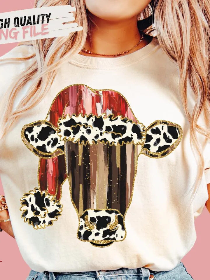 Colorful Coquette glitter cow png girls brushstroke mooey christmas design cow Christmas winter png bow acrylic brushstroke cow western