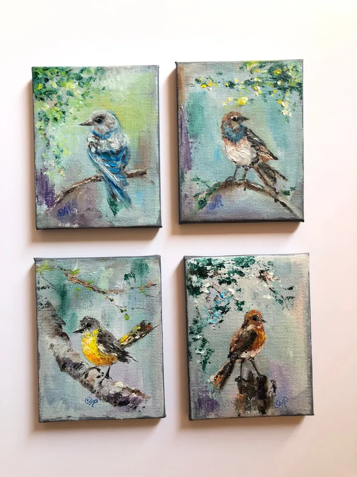 Aceo Birds Set of 4 Mini Painting Original Aceo cards Miniature Birds Painting Small Oil Painting