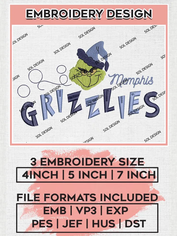 Grinch Memphis Grizzlies Embroidery Designs, Grinch Christmas Embroidery Files, NBA Memphis Grizzlies Machine Embroidery Designs, NBA Grizzlies Logo, NBA Christmas Machine Embroidery Design, Digital Download