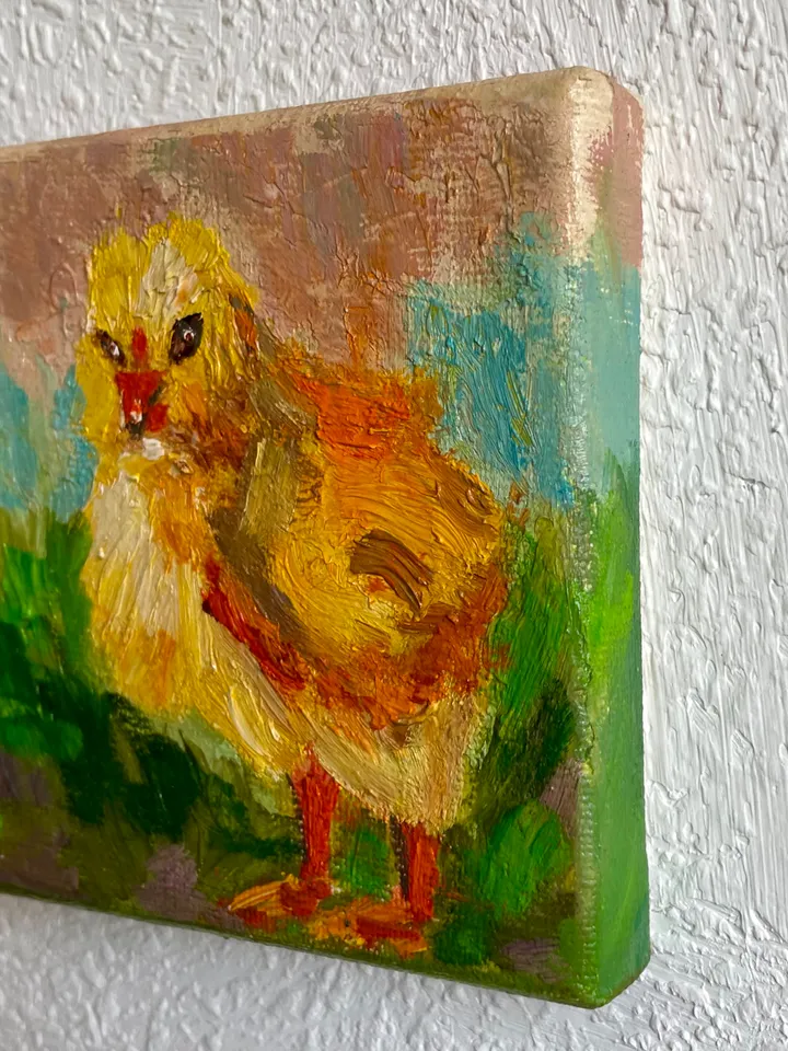 Yellow baby chick painting, Chicken bird Original oil Painting on Canvas, Farm animal art, Miniature Artwork 4"x 4"