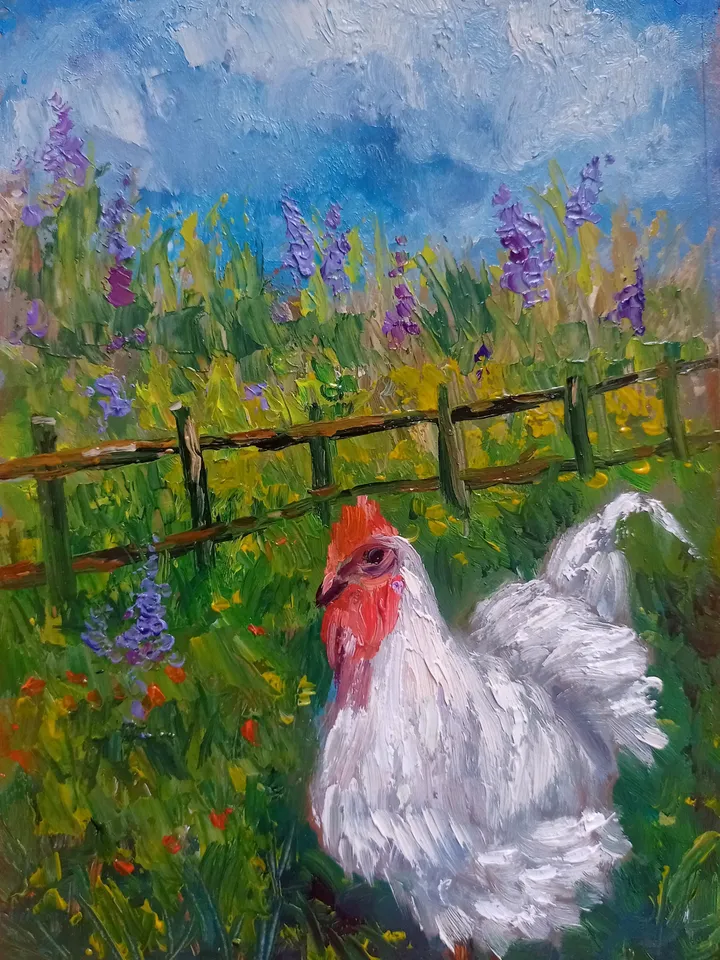 Oil painting rustic scene original painting ,Rooster painting,Chicken painting original art,Country animals, country scenery art, wall art