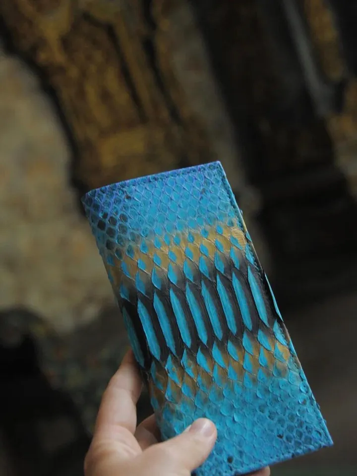 Genuine python skin flat unisex turquoise wallet / small money reptile blue purse / exotic leather snakeprint / cardholder gift idea