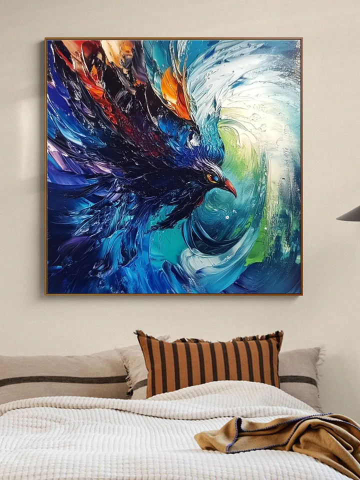 Hand-Painted Abstract Oil Painting | Vibrant Blue Bird in Motion | Stunning Wall Art with Bold Colors for Living Room Decor