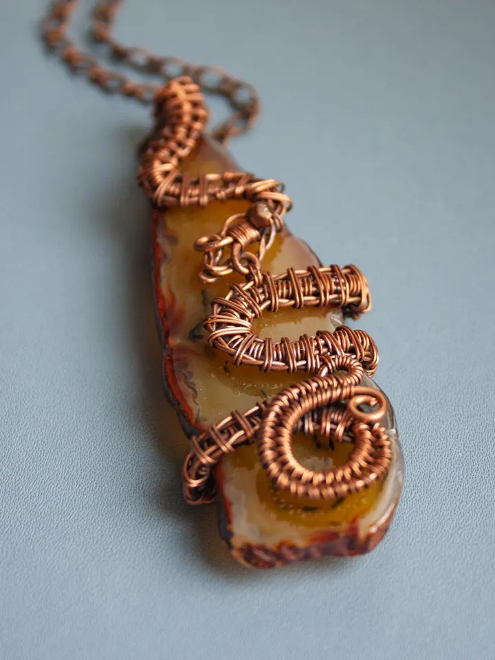 Elegant Handmade Pendant with Natural Stone in Copper Wire Wrapping