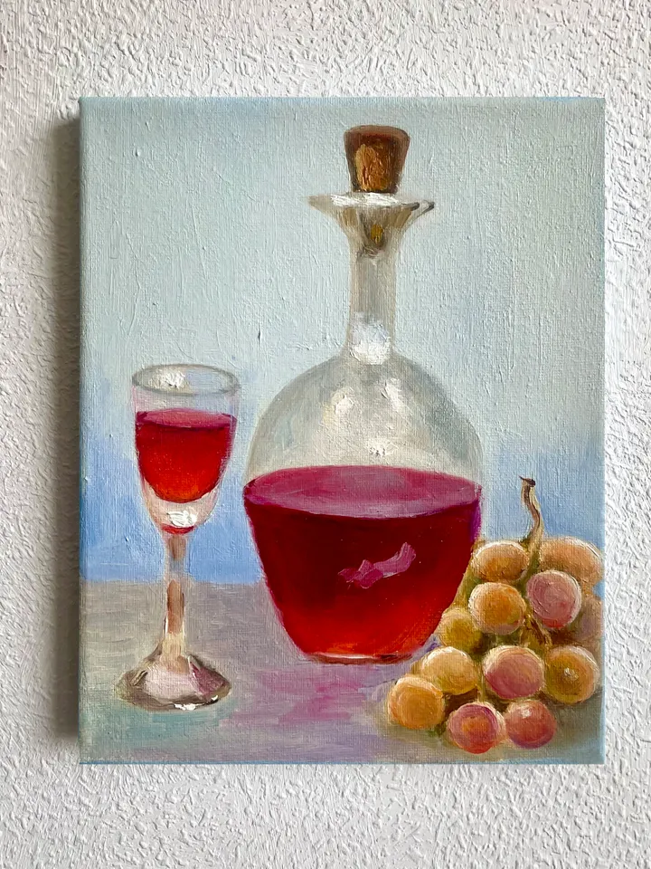 Wine Decanter Painting Grape Fruit Original Oil Painting on Canvas, Wine Glass Still Life Painting 10" x 8"