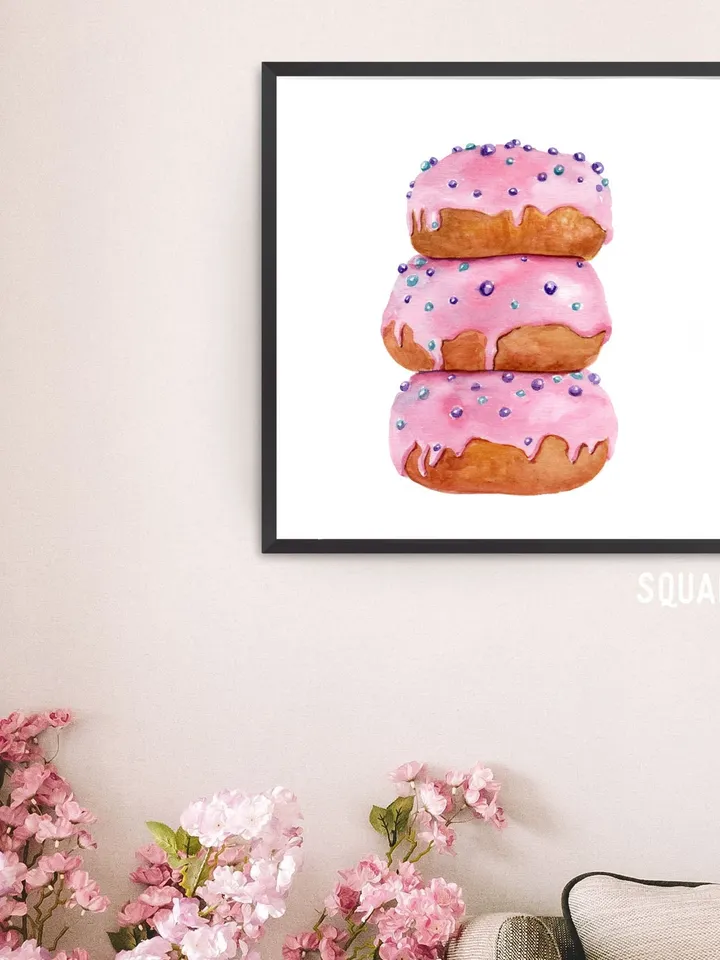 Pink Donuts Sweet Watercolor Painting Print, Food Illustration, Breakfast Art, Candy Sweet, Dessert Painting,Donut Gift Print, Kitchen Print