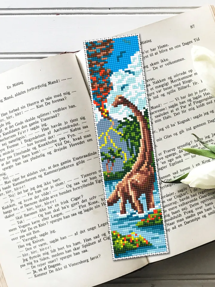 Bookmark cross stitch pattern download PDF Modern handmade bookmark digital PDF Dinosaur cross stitch chart, Nature lover gift, Volcano #B74
