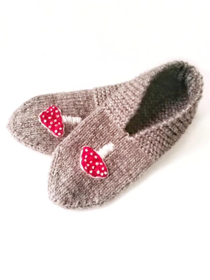 Hand-Knitted Mushroom Embroidered Socks-Slippers for Women, Merino and Alpaca Wool. Cute Warm Indoor Slipper-Socks. FREE SHIPPING!