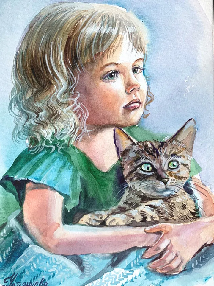 A girl with a kitten, watercolor painting, Portrait of a little girl