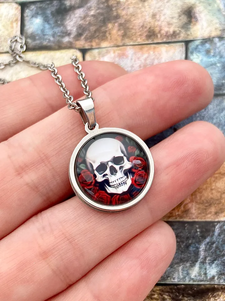 Skull with red roses, steel pendant with glass, Skull lover gift