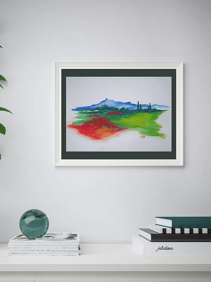 Tuscany Painting Original Art Landscape Wall Art Red Poppy Artwork Watercolor