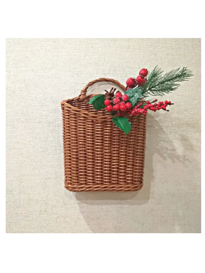 Hanging wicker basket Rustic home decor Floral brown basket Front door basket Hanging basket with handle Country door ba