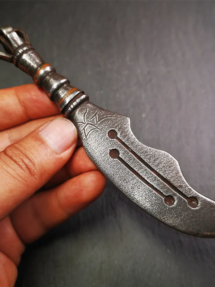 Gandhanra Tibetan Buddhism Ritual Implement,Big Machete Knife,Made of Cold Iron inlaid with Copper,6.3"