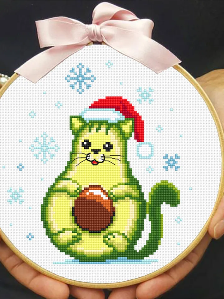 Kawaii Christmas avocado cross stitch pattern download PDF, Funny avocato, Holiday embroidery beginner, Cute kawaii cat cross stitch #N71