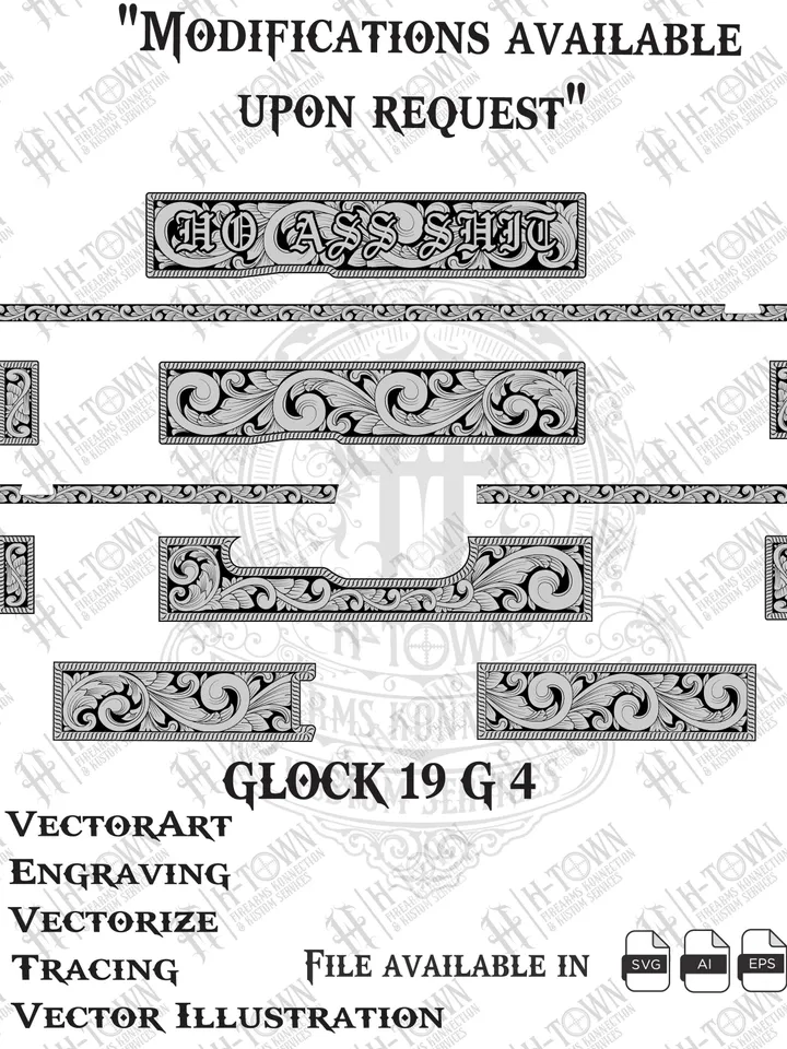GLOCK 19 Gen 4 Engraving Scroll Vector | Ornamental Grip Design | Full Slide Svg Png AI EPS | Custom Laser Template
