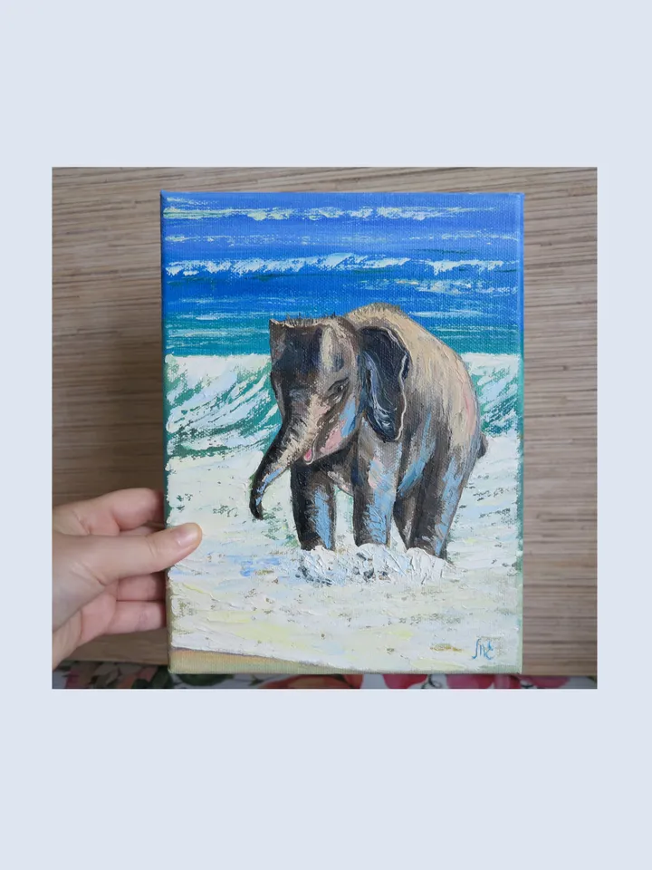 Original Oil Painting of a Baby Elephant Playing on the Beach A Heartwarming Art of Joy and Nature  Delightful Baby Elephant on a Sunny Beach Mini Artwork