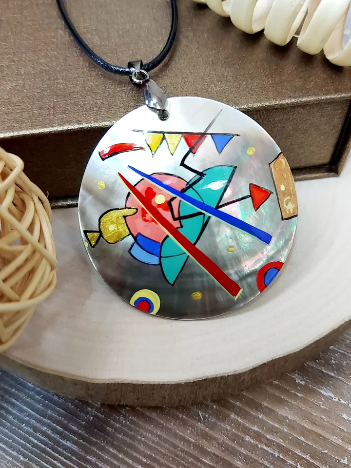 Pendant Kandinsky 2 Mother-of-pearl Hand-painted Russian jewelry magic of painting fine art jewelry Art gift Fedoskino Collectible