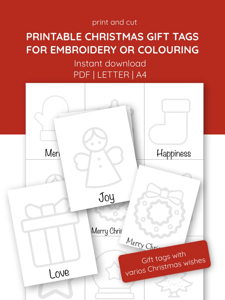 Printable Christmas handmade gift tags. Wishing cards DIY tags to embroidery or colouring. Holiday kids craft. Family activity