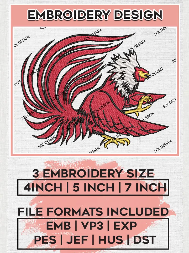 NCAA Jacksonville State Gamecocks Football Team Mascot Logo Embroidery Design Files, NCAA Jacksonville State Gamecocks Machine Embroidery, NCAA Teams, Game Day, 3 sizes, NCAA Machine embroidery designs, Digital Download